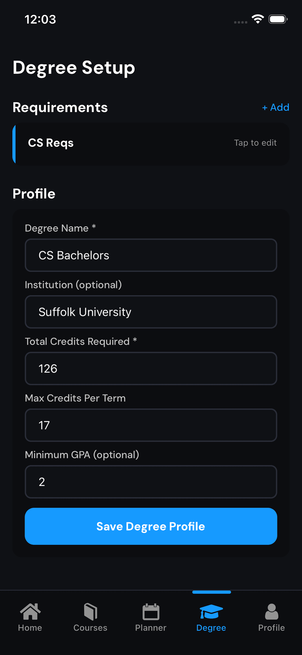Degree Setup screen