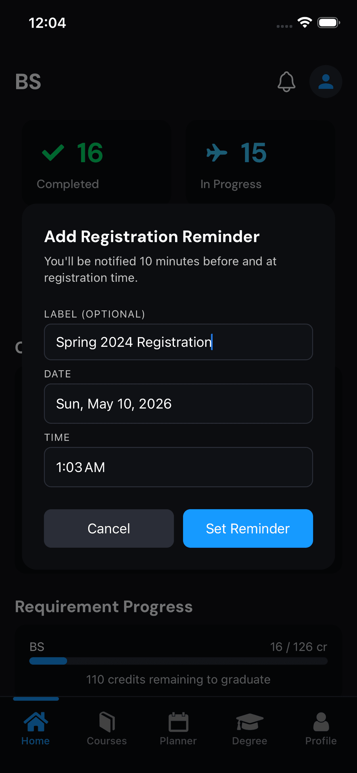 Reminder screen