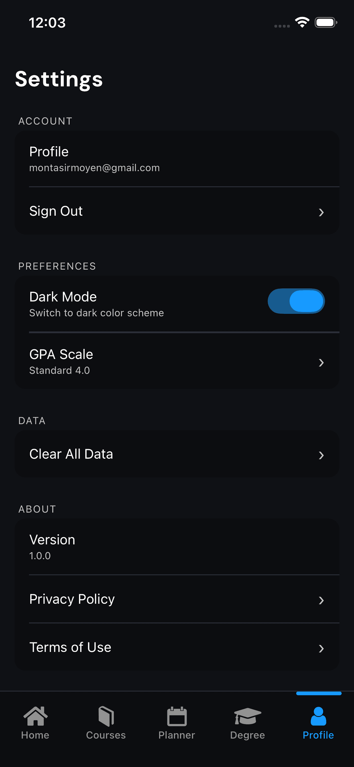 Settings screen